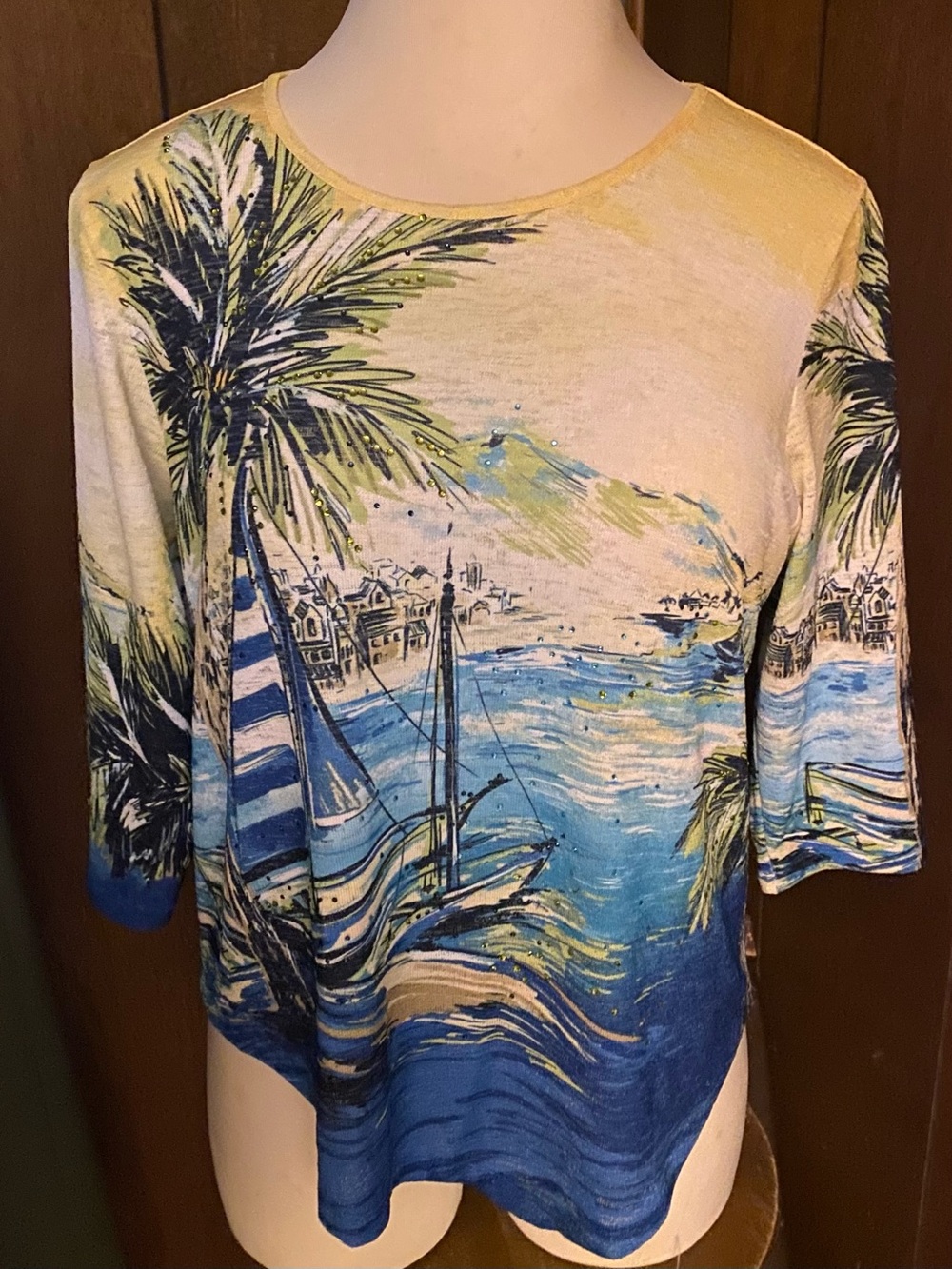 Alfred Dunner Tropical Print Women's Boatneck Top in Blue & Yellow L